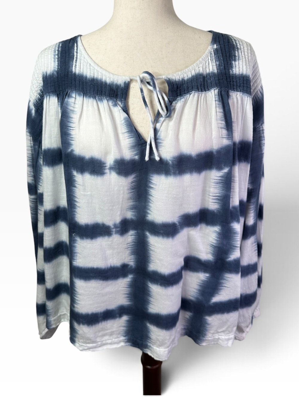Lucky Brand XL Navy White Tie Dye Peasant Blouse Boho Relaxed Top